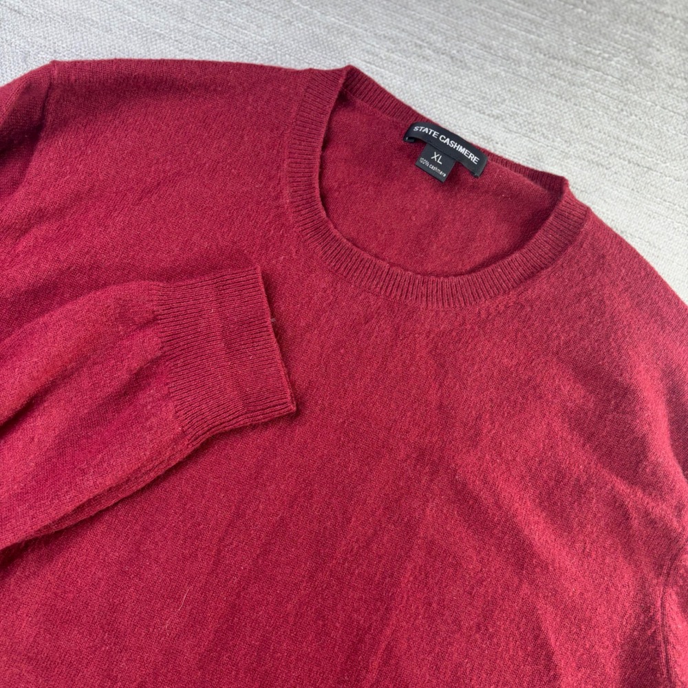 State Cashmere Mens XL Burgundy Red 100% Cashmere Crewneck Sweater Long Sleeve